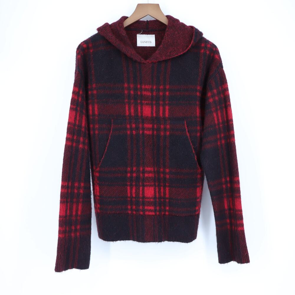 Laneus Hoodie Brushed Mohair Jumper Plaid Sweater Black and Red Women's 40/US 4